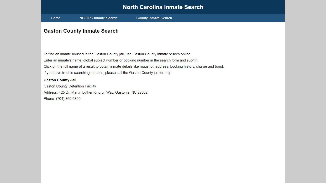 Gaston County Inmate Search - North Carolina Inmate Search